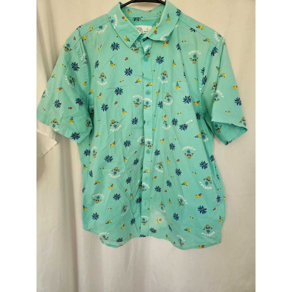 Hurley Stretch Fit‎ Button Up Short Sleeve Shirt Pineapples Tropical Men Size L